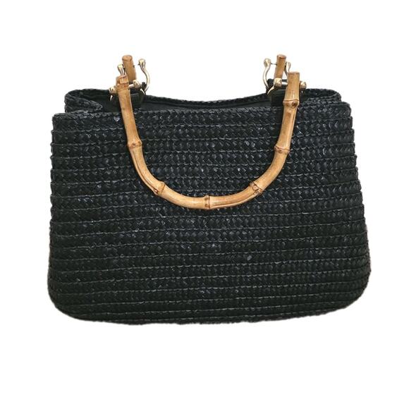 Vintage 90s St Johns Bay Straw Woven Handbag Purse Bamboo Handles Beach Y2K Blck - Picture 1 of 11